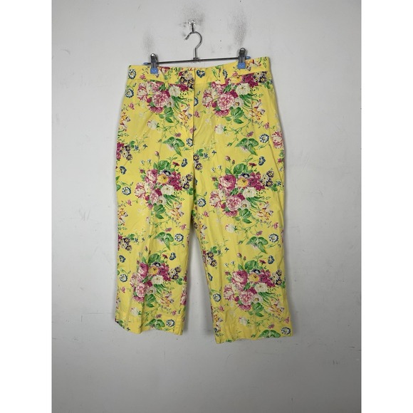 LRL Ralph Lauren Women Pants 14 Yellow Floral Spring Preppy Wide Leg Cropped - Picture 2 of 8